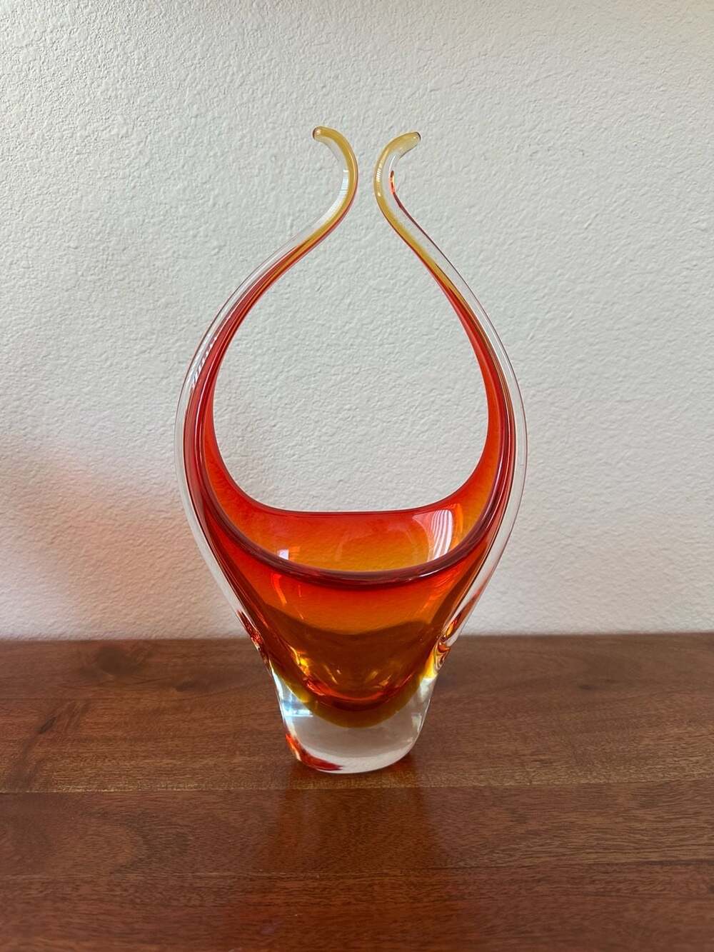 Murano Art Glass Red and Orange Sommerso Pulled Handle Basket Vase
